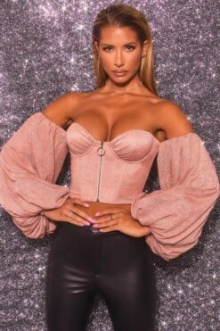 Keep On Shining Bardot Puff Sleeve Crop Top In Rose Gold