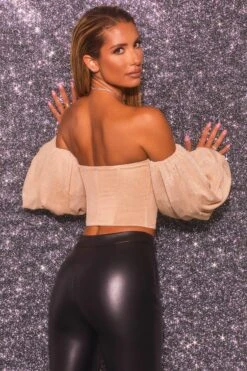 Keep On Shining Bardot Puff Sleeve Crop Top In Gold -Glam Dress Store 3532 8 keep on shining gold puff sleeve corset sequin top