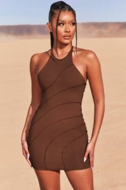 New Cut Petite Exposed Seam Halter Neck Mini Dress In Brown -Glam Dress Store 3736 1 new cut brown halter cross back exposed seam mini dress