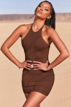 New Cut Petite Exposed Seam Halter Neck Mini Dress In Brown -Glam Dress Store 3736 3 new cut brown halter cross back exposed seam mini dress