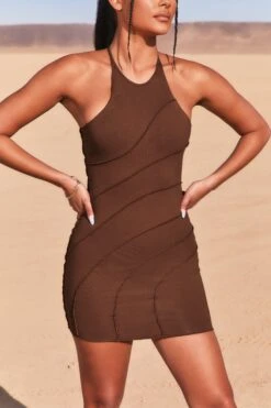 New Cut Petite Exposed Seam Halter Neck Mini Dress In Brown -Glam Dress Store 3736 4 new cut brown halter cross back exposed seam mini dress