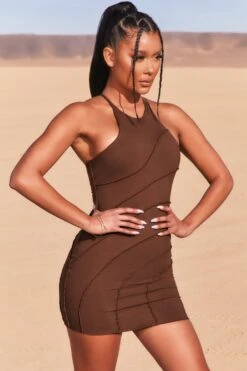 New Cut Petite Exposed Seam Halter Neck Mini Dress In Brown -Glam Dress Store 3736 5 new cut brown halter cross back exposed seam mini dress
