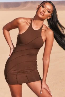 New Cut Petite Exposed Seam Halter Neck Mini Dress In Brown -Glam Dress Store 3736 6 new cut brown halter cross back exposed seam mini dress