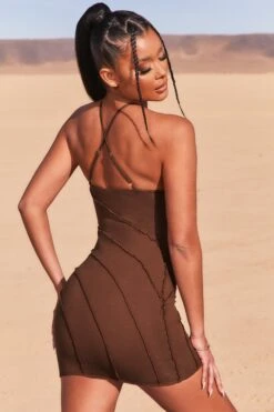 New Cut Petite Exposed Seam Halter Neck Mini Dress In Brown -Glam Dress Store 3736 8 new cut brown halter cross back exposed seam mini dress