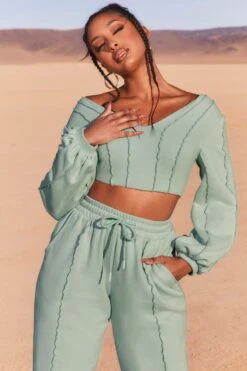 Uncovered Exposed Seam Bardot Crop Top In Blue -Glam Dress Store 3740 3 uncovered blue exposed seam v neck balloon sleeve crop top