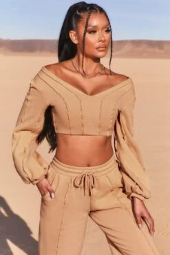 Uncovered Exposed Seam Bardot Crop Top In Beige -Glam Dress Store 3740 5 uncovered beige exposed seam v neck balloon sleeve crop top