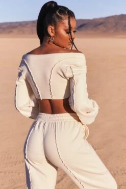 Uncovered Exposed Seam Bardot Crop Top In Ivory -Glam Dress Store 3740 5 uncovered ivory exposed seam v neck balloon sleeve crop top