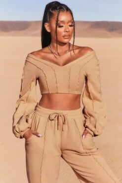 Uncovered Exposed Seam Bardot Crop Top In Beige -Glam Dress Store 3740 6 uncovered beige exposed seam v neck balloon sleeve crop top