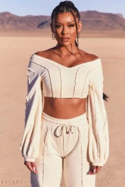 Uncovered Exposed Seam Bardot Crop Top In Ivory -Glam Dress Store 3740 6 uncovered ivory exposed seam v neck balloon sleeve crop top