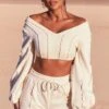 Uncovered Exposed Seam Bardot Crop Top In Ivory -Glam Dress Store 3740 8 uncovered ivory exposed seam v neck balloon sleeve crop top