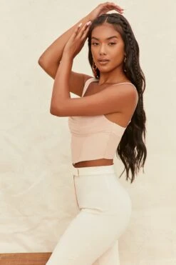 Cowl Neck Mesh Crop Top In Beige -Glam Dress Store 3744 6 turning point beige mesh gathered ruched bust crop top