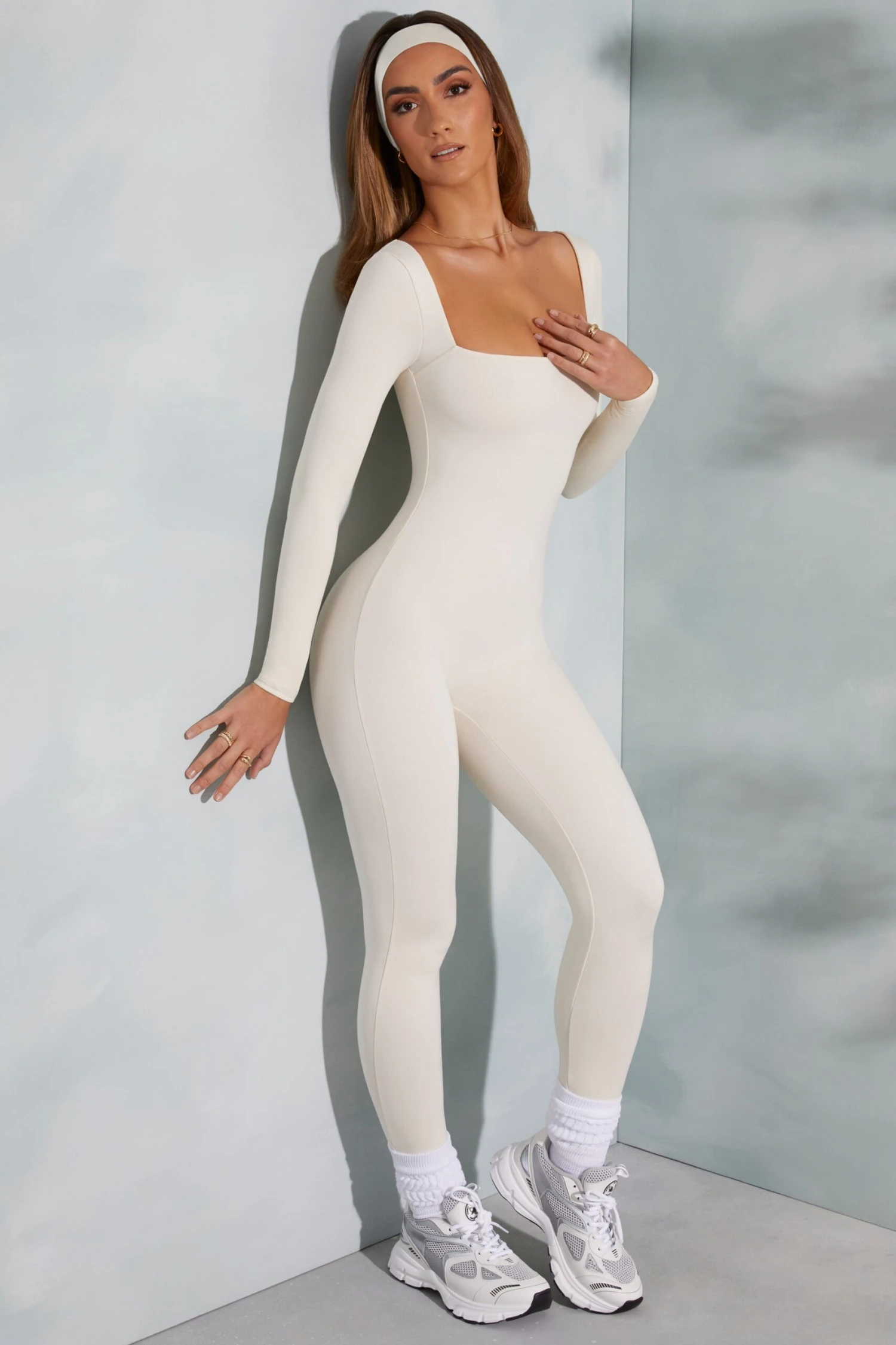 Square Neck Long Sleeve Jumpsuit In Ivory 3 Square Neck Long Sleeve Jumpsuit In Ivory