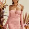 Bardot Ruched Mesh Mini Dress In Blush -Glam Dress Store 3892 3 feel the frill blush tie bust long sleeve double layered ruched mini dress 1