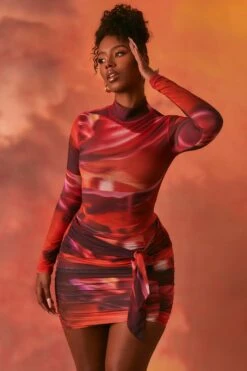 High Neck Long Sleeve Mesh Bodysuit In Orange -Glam Dress Store 3942 3946 9 universal supernova orange cosmo print long sleeve turtle neck top ruches tie front mini skirt two piece 1