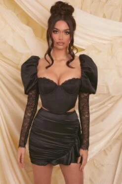 Satin Frill Mini Skirt In Black -Glam Dress Store 3987 4108 1 alluring somebody to love black valentines balloon sleeve lace corset crop top high waist gathered mini skirt 1