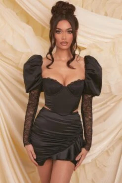 Puff Sleeve Satin Lace Crop Top In Black 20 Puff Sleeve Satin Lace Crop Top In Black -Glam Dress Store 3987 4108 2 alluring somebody to love black valentines balloon sleeve lace corset crop top high waist gathered mini skirt