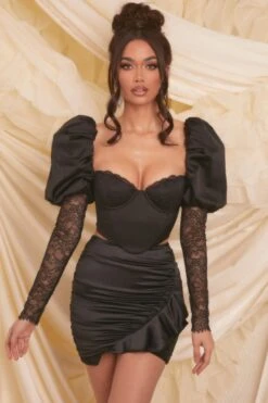 Satin Frill Mini Skirt In Black -Glam Dress Store 3987 4108 4 alluring somebody to love black valentines balloon sleeve lace corset crop top high waist gathered mini skirt 1