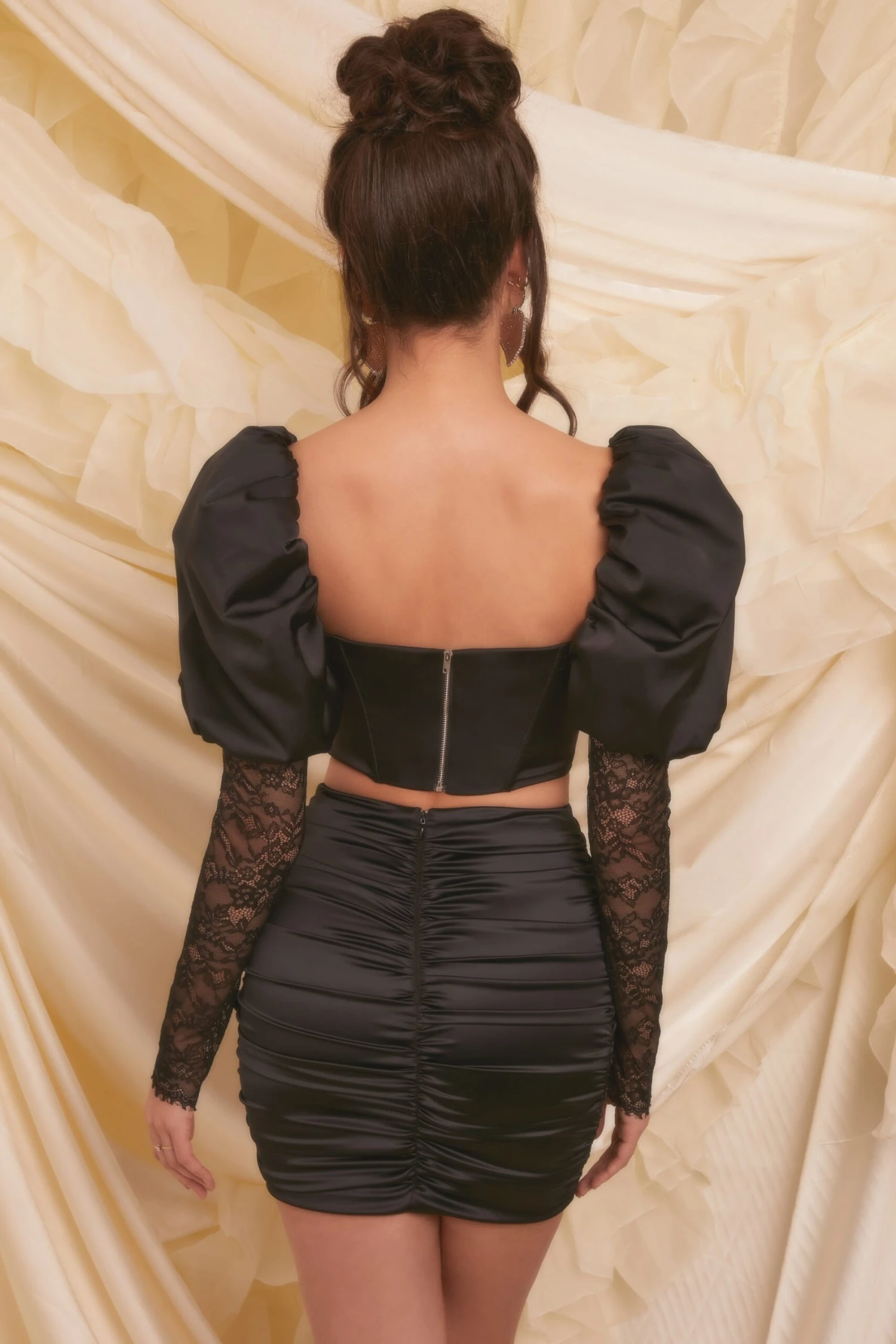 Puff Sleeve Satin Lace Crop Top In Black 4 Puff Sleeve Satin Lace Crop Top In Black - Image 2