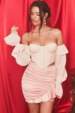Satin Frill Mini Skirt In Blush 13 Satin Frill Mini Skirt In Blush -Glam Dress Store 3987 5 alluring blush valentines off shoulder balloon sleeve bust flattering corset crop top