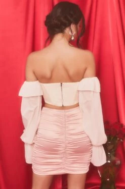 Satin Frill Mini Skirt In Blush 15 Satin Frill Mini Skirt In Blush -Glam Dress Store 3987 7 alluring blush valentines off shoulder balloon sleeve bust flattering corset crop top