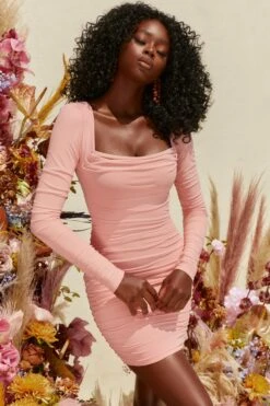 Long Sleeve Mesh Mini Dress In Blush -Glam Dress Store 4034 5 long lasting blush ruched bodycon mini dress 1
