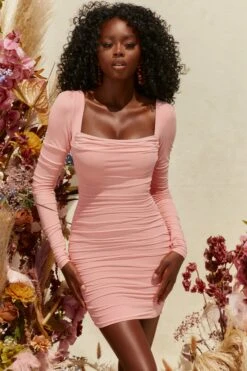 Long Sleeve Mesh Mini Dress In Blush -Glam Dress Store 4034 6 long lasting blush ruched bodycon mini dress 1