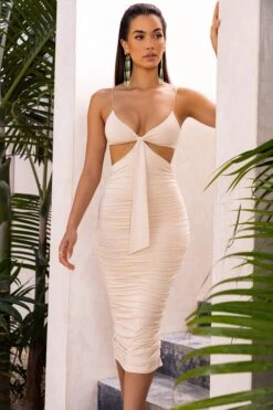 Get The Glow Cut Out Ruched Midi Dress In Cream -Glam Dress Store 4047 7 get the glow cream ruched tie up front midi dress