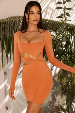 Cut Out Long Sleeve Mini Dress In Caramel -Glam Dress Store 4051 8 sunset haven caramel cut open front hoop detailing long sleeve mini dress