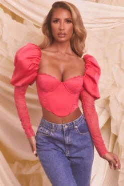 Puff Sleeve Satin Lace Crop Top In Hot Pink -Glam Dress Store 4108 1 somebody to love hot pink valentines balloon sleeve lace corset crop top