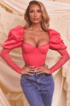 Puff Sleeve Satin Lace Crop Top In Hot Pink -Glam Dress Store 4108 3 somebody to love hot pink valentines balloon sleeve lace corset crop top