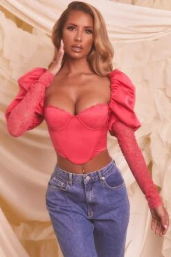 Puff Sleeve Satin Lace Crop Top In Hot Pink -Glam Dress Store 4108 4 somebody to love hot pink valentines balloon sleeve lace corset crop top