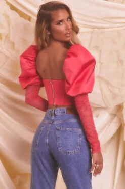 Puff Sleeve Satin Lace Crop Top In Hot Pink -Glam Dress Store 4108 8 somebody to love hot pink valentines balloon sleeve lace corset crop top 1