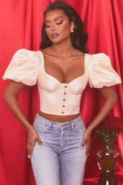 Short Puff Sleeve Corset Crop Top In Oyster White -Glam Dress Store 4112 3 heavenly oyster white bust flattering short puff sleeve eyelet corset style crop top 1