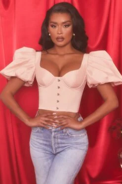 Short Puff Sleeve Corset Crop Top In Blush -Glam Dress Store 4112 4 heavenly blush bust flattering short puff sleeve eyelet corset style crop top 1