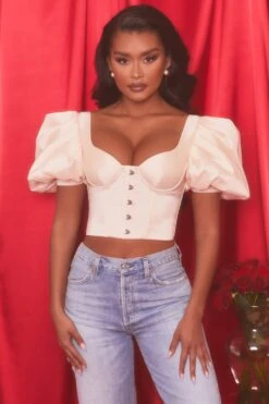 Short Puff Sleeve Corset Crop Top In Oyster White -Glam Dress Store 4112 4 heavenly oyster white bust flattering short puff sleeve eyelet corset style crop top 1