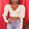 Plunge Neck Puff Sleeve Crop Top In Oyster White -Glam Dress Store 4117 1 diamond heart oyster white puff sleeve valentines crop top 1