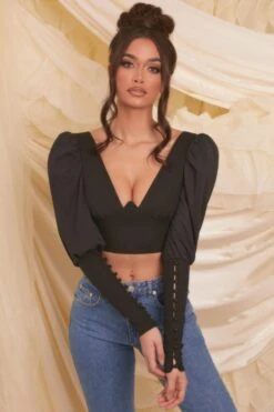Plunge Neck Puff Sleeve Crop Top In Black 12 Plunge Neck Puff Sleeve Crop Top In Black -Glam Dress Store 4117 2 diamond heart black bust flattering detail front long button sleeve crop top
