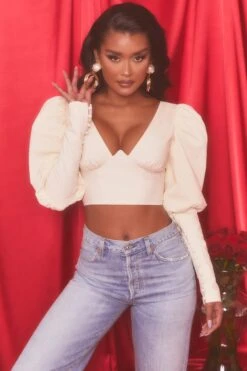 Plunge Neck Puff Sleeve Crop Top In Oyster White 17 Plunge Neck Puff Sleeve Crop Top In Oyster White -Glam Dress Store 4117 2 diamond heart oyster white puff sleeve valentines crop top 1