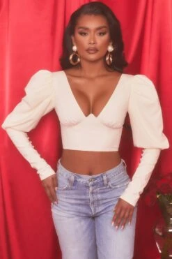 Plunge Neck Puff Sleeve Crop Top In Oyster White 16 Plunge Neck Puff Sleeve Crop Top In Oyster White -Glam Dress Store 4117 3 diamond heart oyster white puff sleeve valentines crop top 1