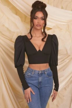 Plunge Neck Puff Sleeve Crop Top In Black 14 Plunge Neck Puff Sleeve Crop Top In Black -Glam Dress Store 4117 4 diamond heart black bust flattering detail front long button sleeve crop top