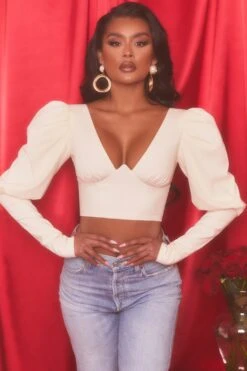 Plunge Neck Puff Sleeve Crop Top In Oyster White 15 Plunge Neck Puff Sleeve Crop Top In Oyster White -Glam Dress Store 4117 4 diamond heart oyster white puff sleeve valentines crop top 1