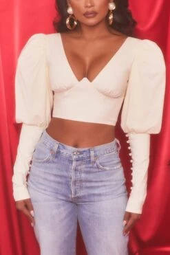 Plunge Neck Puff Sleeve Crop Top In Oyster White 13 Plunge Neck Puff Sleeve Crop Top In Oyster White -Glam Dress Store 4117 5 diamond heart oyster white puff sleeve valentines crop top 1