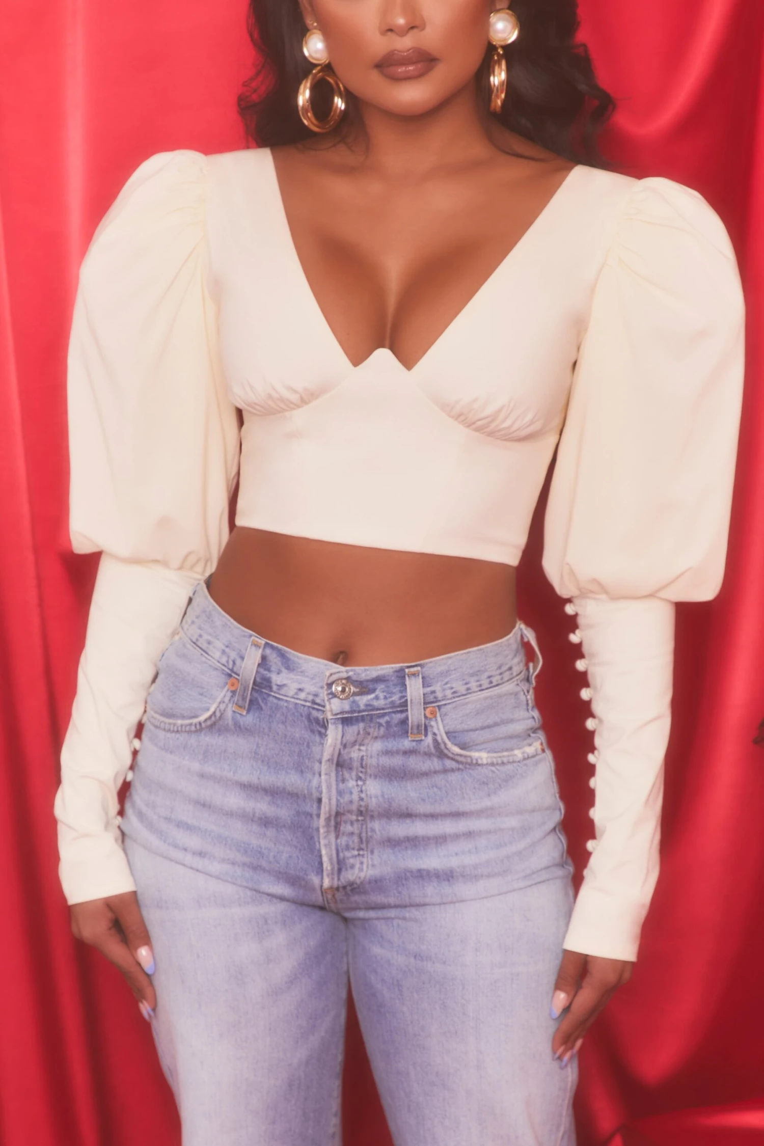 Plunge Neck Puff Sleeve Crop Top In Oyster White 6 Plunge Neck Puff Sleeve Crop Top In Oyster White - Image 4