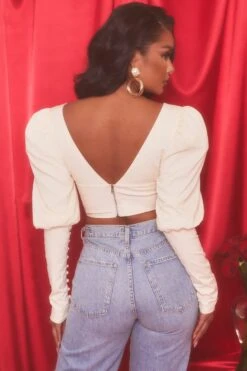 Plunge Neck Puff Sleeve Crop Top In Oyster White 14 Plunge Neck Puff Sleeve Crop Top In Oyster White -Glam Dress Store 4117 7 diamond heart oyster white puff sleeve valentines crop top 1