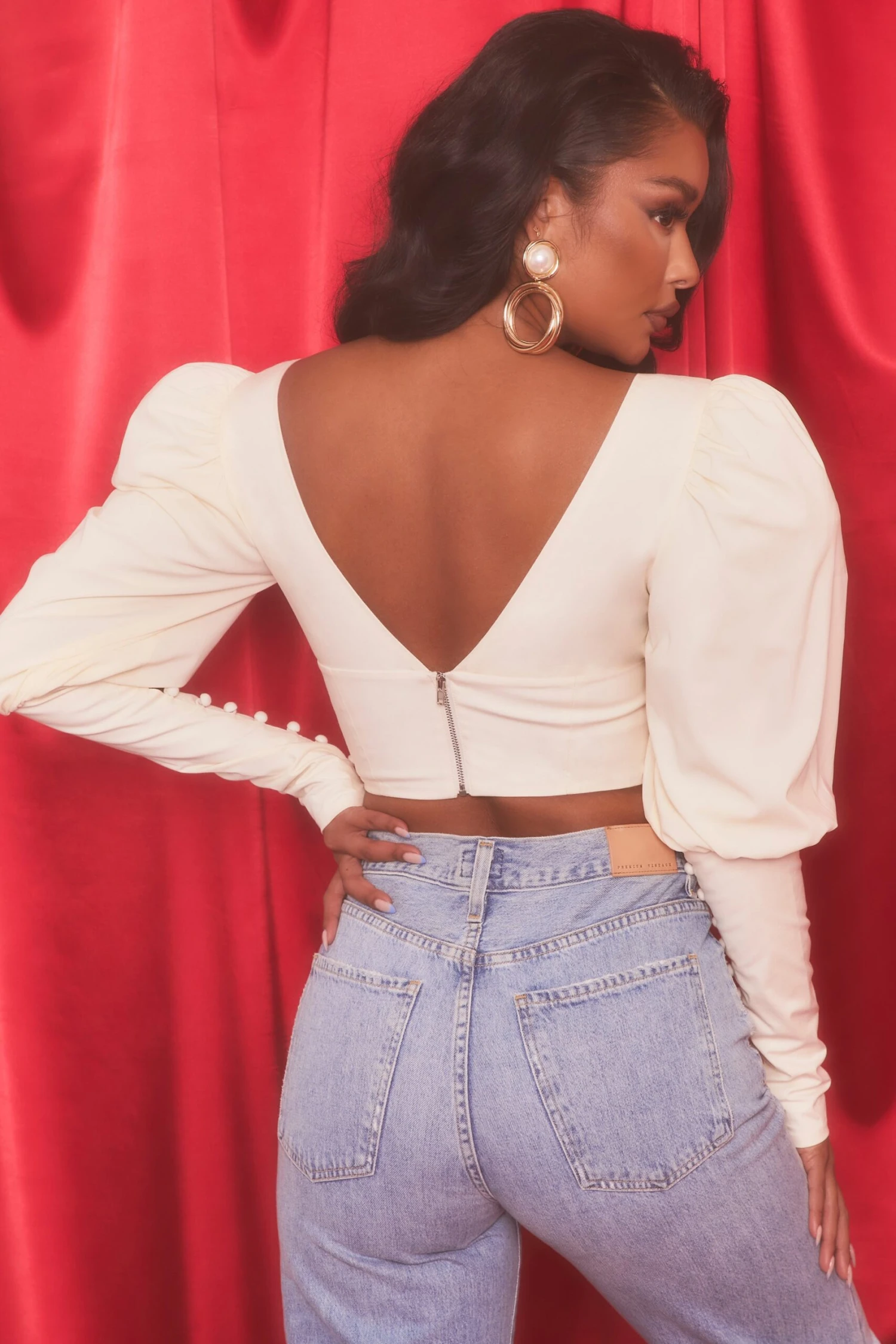 Plunge Neck Puff Sleeve Crop Top In Oyster White 4 Plunge Neck Puff Sleeve Crop Top In Oyster White - Image 2