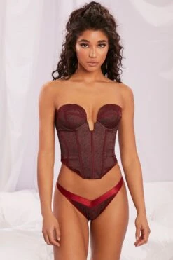Plunge Neck Lace Trim Corset Crop Top In Burgundy -Glam Dress Store 4141 1 all my heart burgundy corset style bustier lace back bra lingerie 1