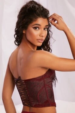 Plunge Neck Lace Trim Corset Crop Top In Burgundy -Glam Dress Store 4141 8 all my heart burgundy corset style bustier lace back bra lingerie 1