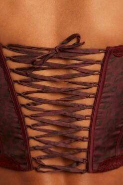 Plunge Neck Lace Trim Corset Crop Top In Burgundy -Glam Dress Store 4141 9 all my heart burgundy corset style bustier lace back bra lingerie