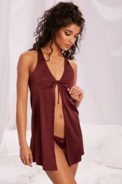 Satin Babydoll Mini Dress In Burgundy