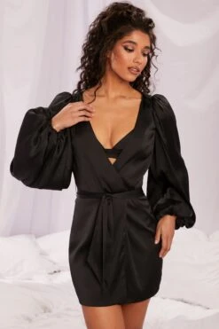Satin Balloon Sleeve Robe In Black 16 Satin Balloon Sleeve Robe In Black -Glam Dress Store 4144 2 soft nights black satin balloon sleeve tie front komono lingerie